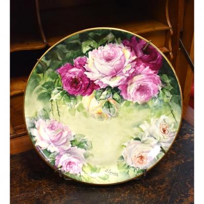 Plate With Roses, Porcelain Limoges, Hand Painted Decor, XXth