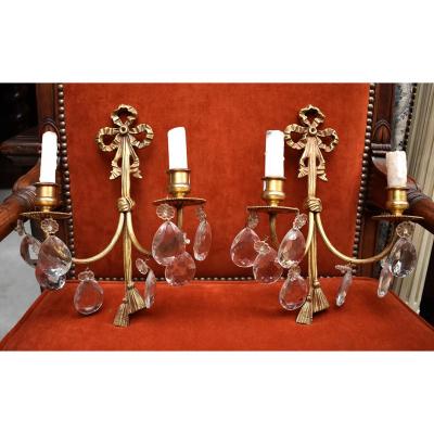 Pair Of Sconces, Candlesticks, Louis XVI Style, Gilt Bronze And Pendants