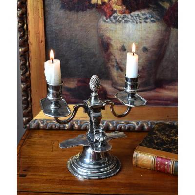 Candlestick With Two Lights In Silver Metal, Louis XVI Style