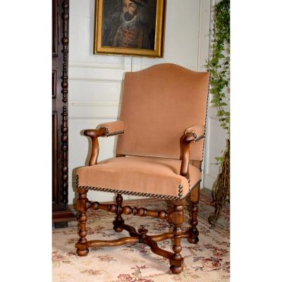 Fauteuil De Style Louis XIV à Entretoise, Tissu Velours, XX ème