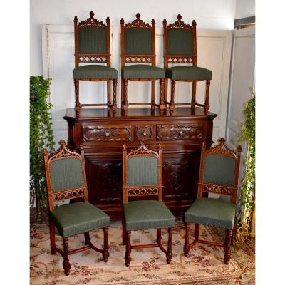 Suite Of Six Gothic Style Chairs, Cathedral File, Walnut, XIXth Epoque