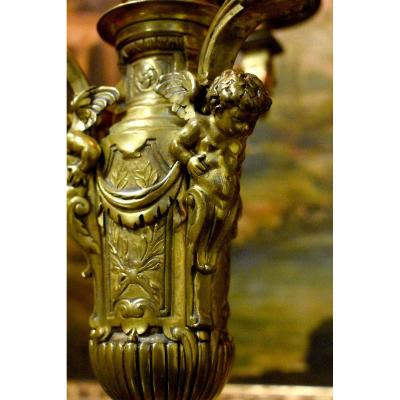 Pair Of Gilt Bronze Candelabra, Candlesticks, Candlesticks, Decor With Putti And Lion Mufles
