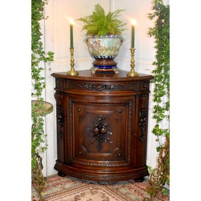 Curved Corner Cabinet In Carved Oak, Corner Cabinet Or Support, Falling Flowers And Fruits