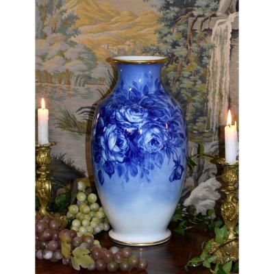 Large Vase Decorated With Roses, Limoges Porcelain, Shades Of Blue Entirely Hand Painted