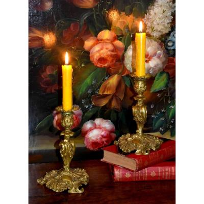 Pair Of Rocaille Style Candlesticks, Louis XV, Gilt Bronze, Ends Of Table, XIX