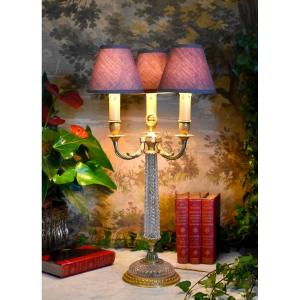 Large Lighting Restoration Style Lamp With Three Lights, Cut Crystal, Bronze And Brass