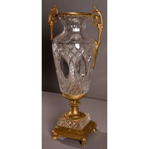 Imposant Vase En Cristal Et Bronze. 75cm.