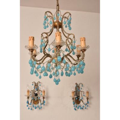 Chandelier In Opaline And Its Sconces. 1950. Murano.