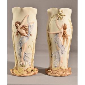 Important Pair Of Biscuit Vases. Art Nouveau 1910