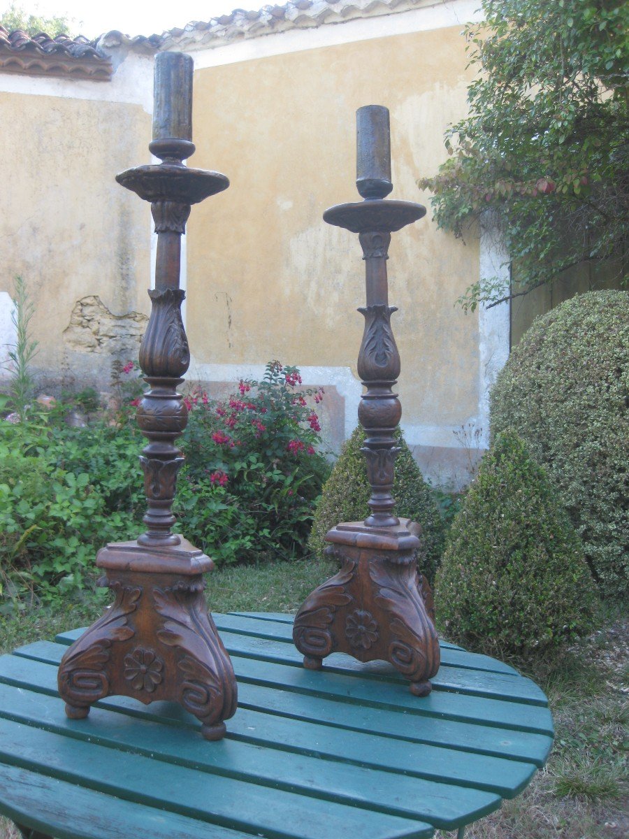 Pair Of Spades Candlesticks In Walnut Nineteenth.-photo-4