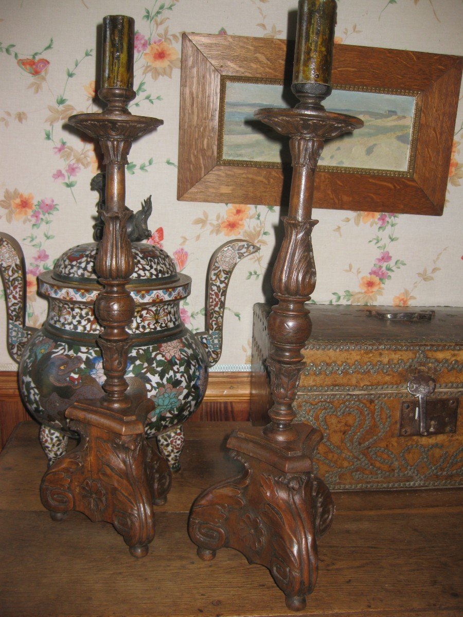 Pair Of Spades Candlesticks In Walnut Nineteenth.