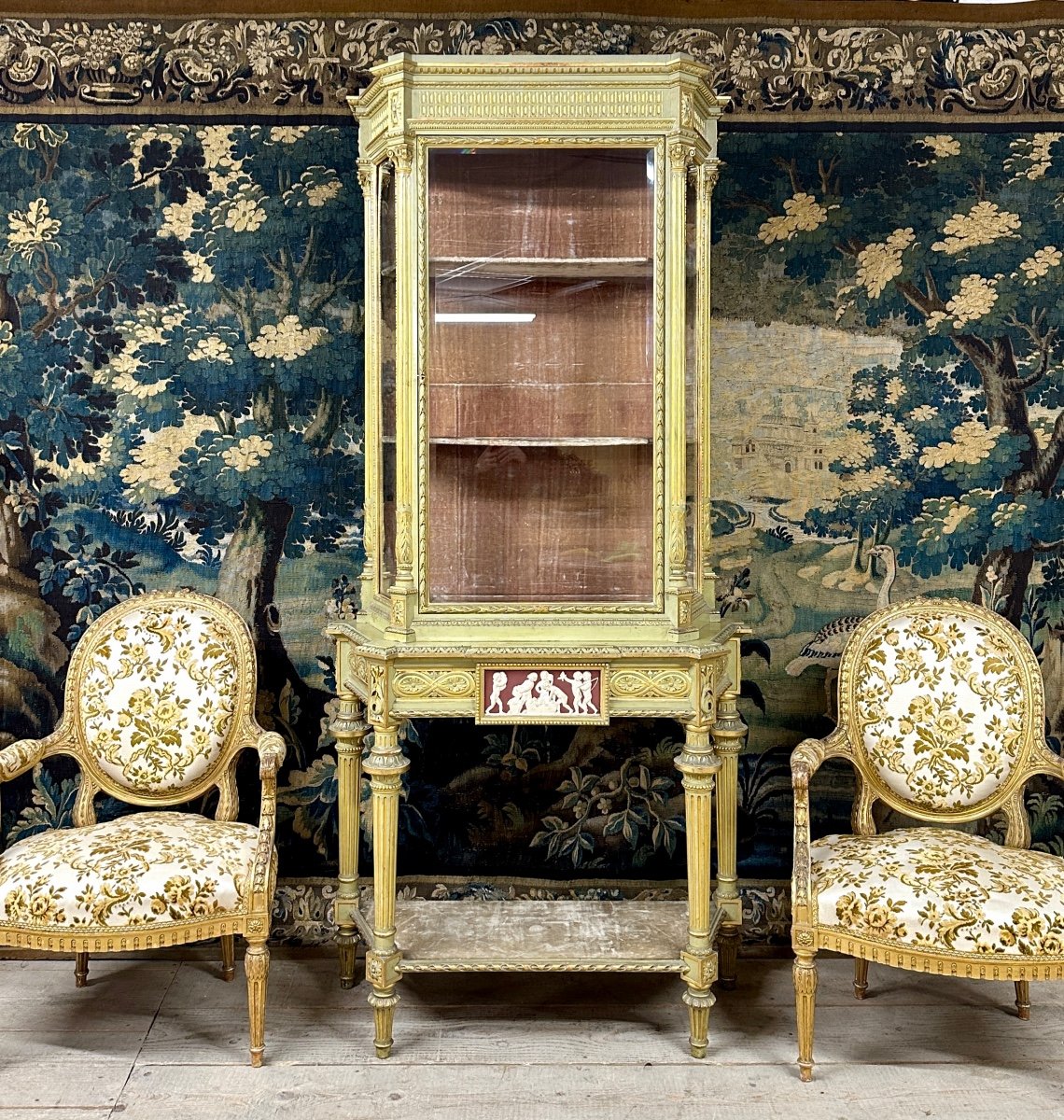 Large Showcase In Lacquered Wood With Golden Rechampi And Wedgwood, Louis XVI Style-photo-2