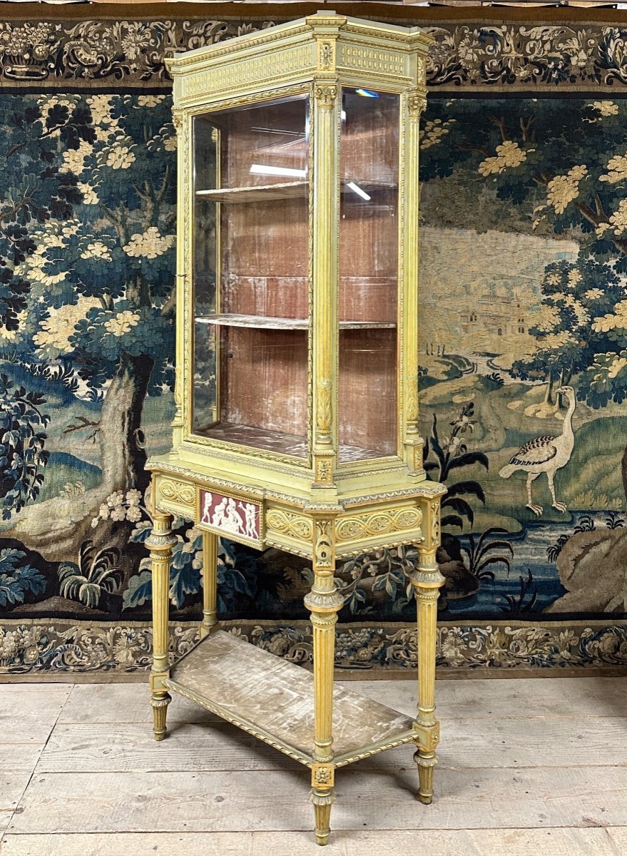 Large Showcase In Lacquered Wood With Golden Rechampi And Wedgwood, Louis XVI Style-photo-3