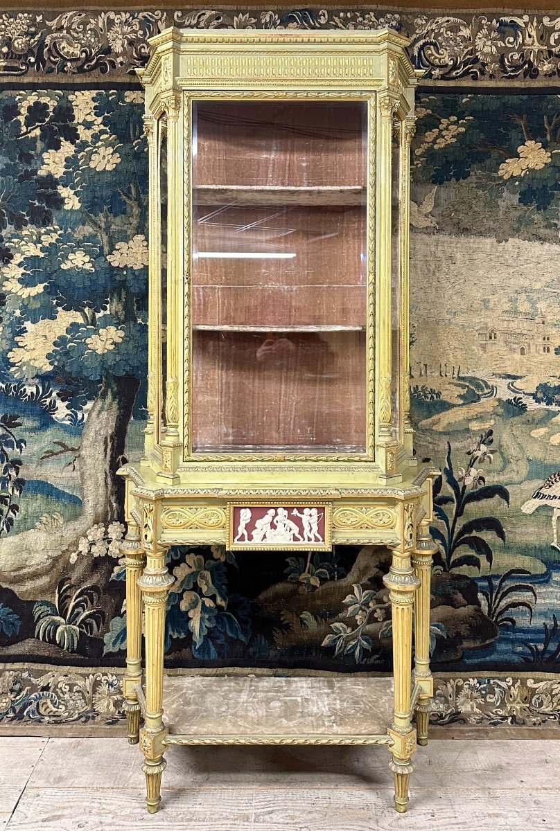 Large Showcase In Lacquered Wood With Golden Rechampi And Wedgwood, Louis XVI Style-photo-3