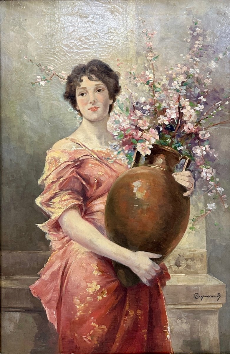 Casimir Raymond -portrait de Femme Au Bouquet, Huile Sur Toile Vers 1900. Art Nouveau. -photo-1