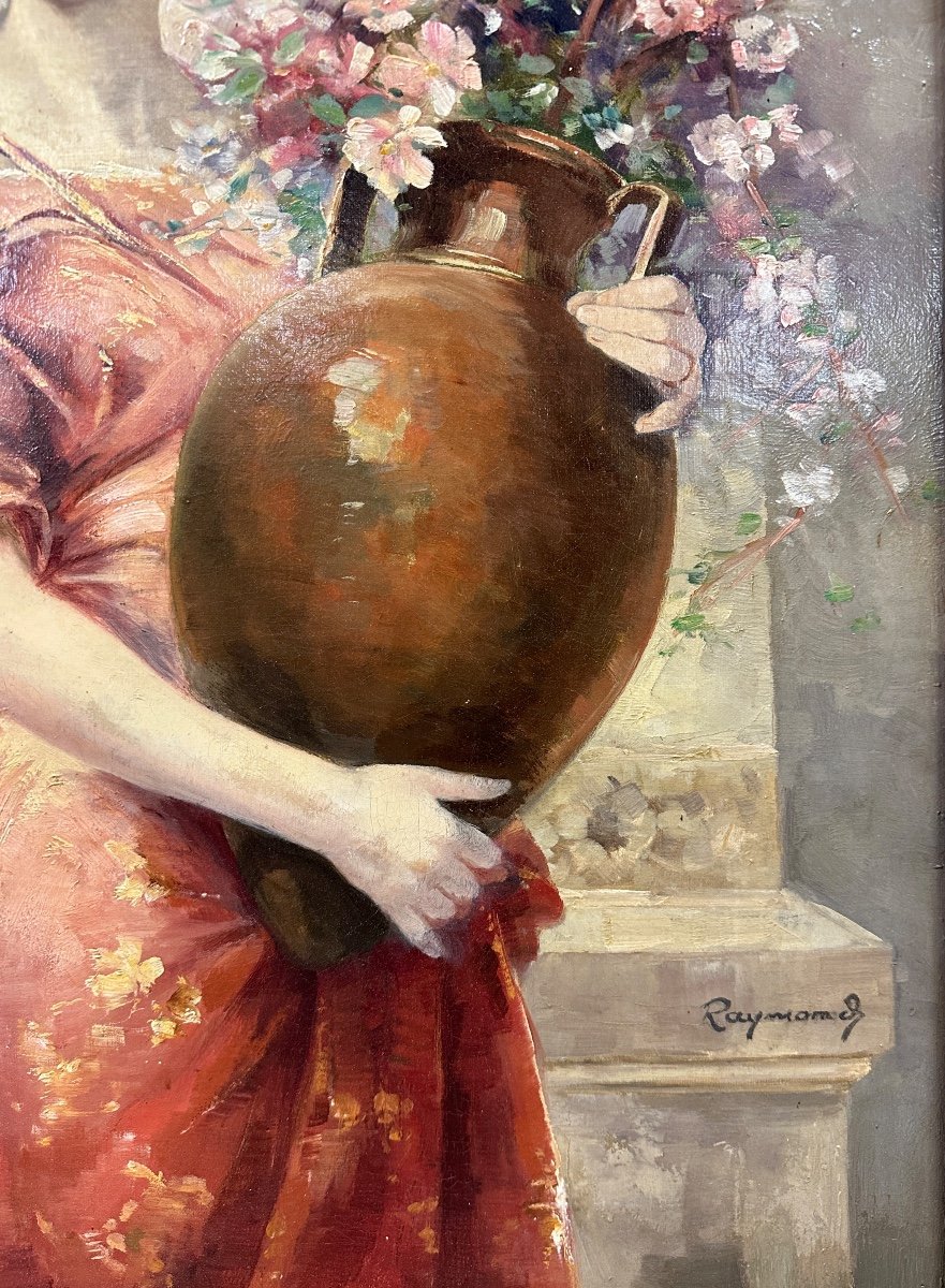 Casimir Raymond -portrait Of Woman With Bouquet, Oil On Canvas Circa 1900. Art Nouveau.-photo-5