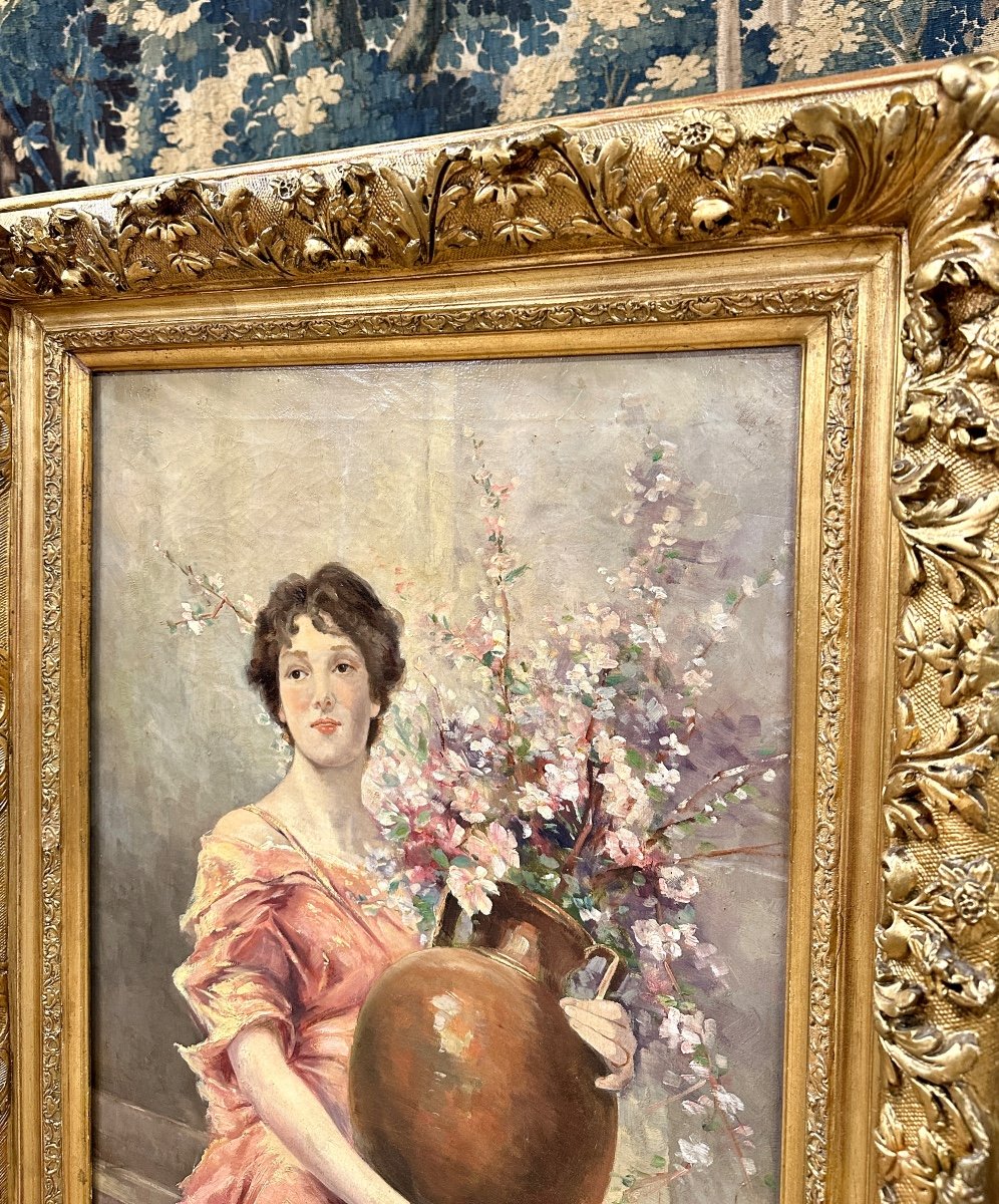 Casimir Raymond -portrait de Femme Au Bouquet, Huile Sur Toile Vers 1900. Art Nouveau. -photo-6