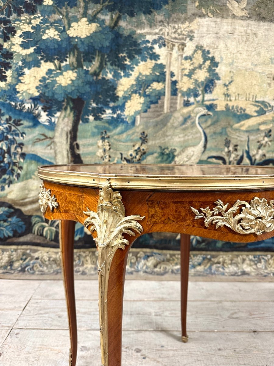 Pedestal Table In Marquetry And Gilded Bronzes, Louis XV Style, Napoleon III Period-photo-4