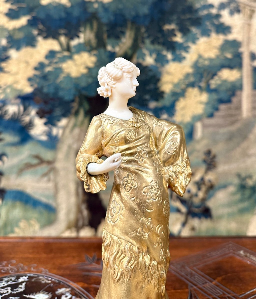 Chryselephantine Sculpture Representing A Dancer, Gilt Bronze. Art Nouveau Period-photo-3