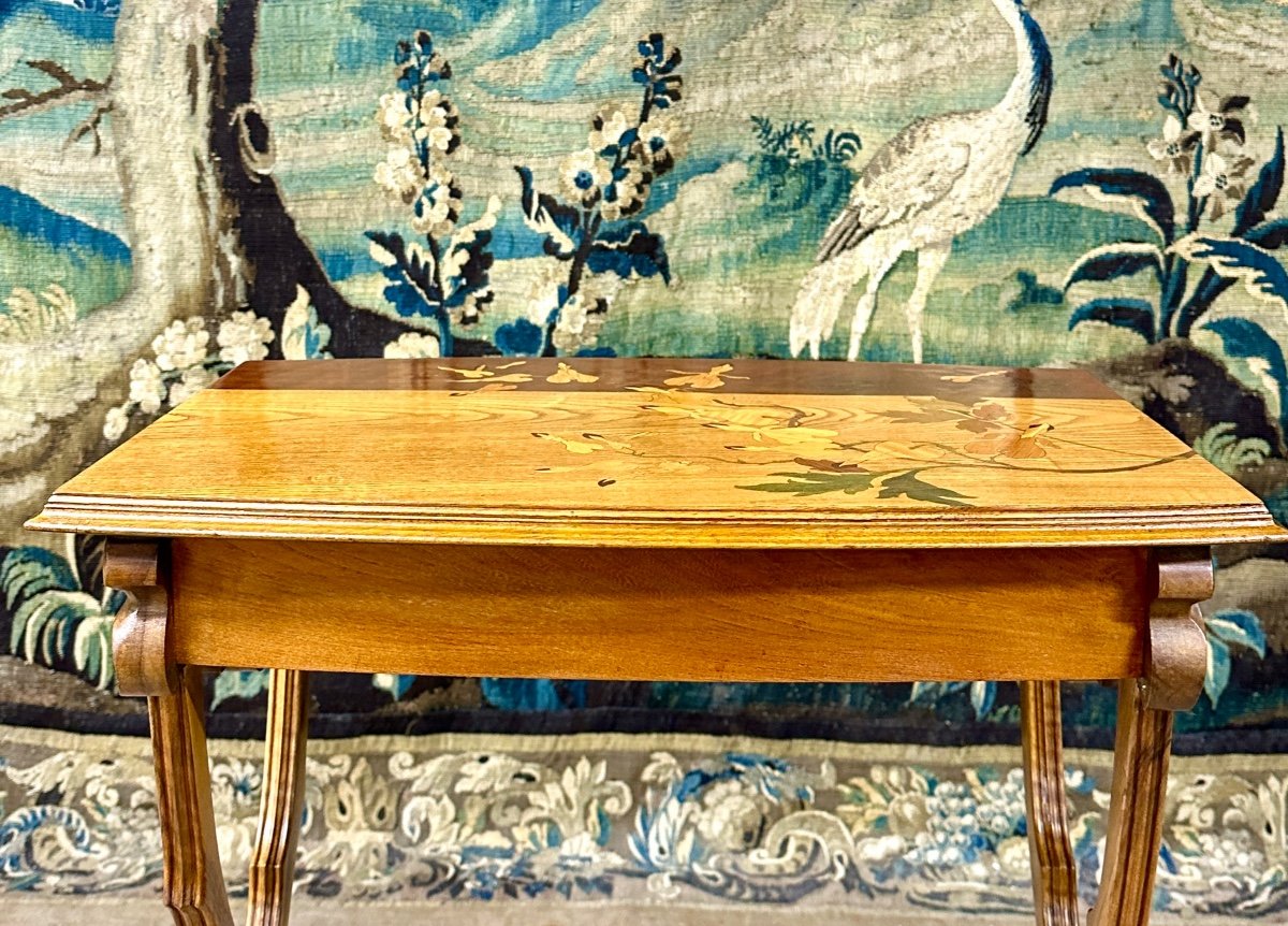 émile Gallé - Table à Tiroir En Marqueterie Et Bois Sculpté De Forme Naturaliste. Art Nouveau-photo-8