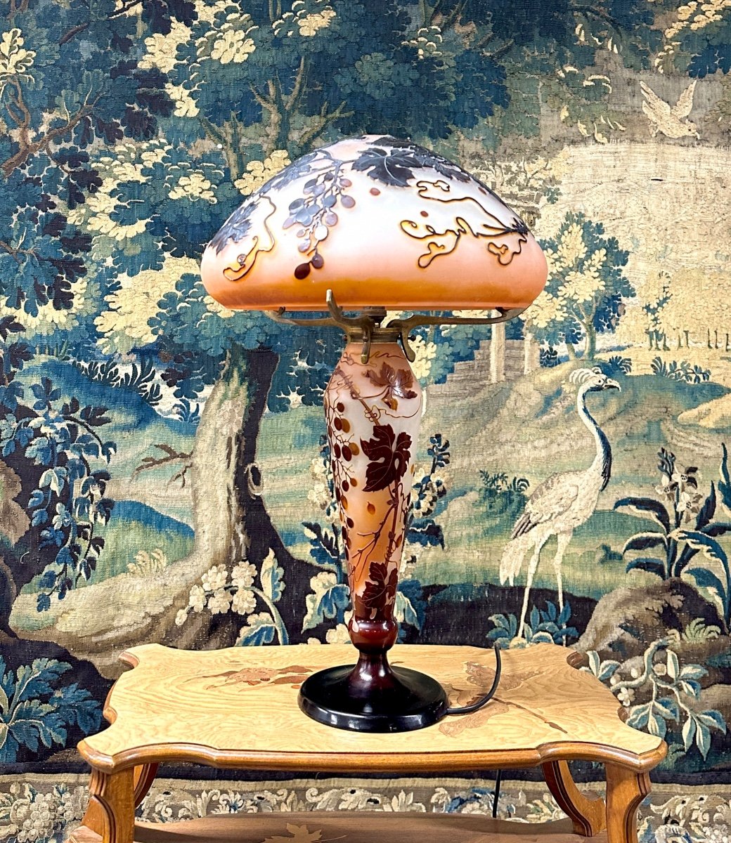 émile Gallé - Grande Lampe Champignon à Décor De Raisins Et Vignes, Pâte De Verre Art Nouveau-photo-4