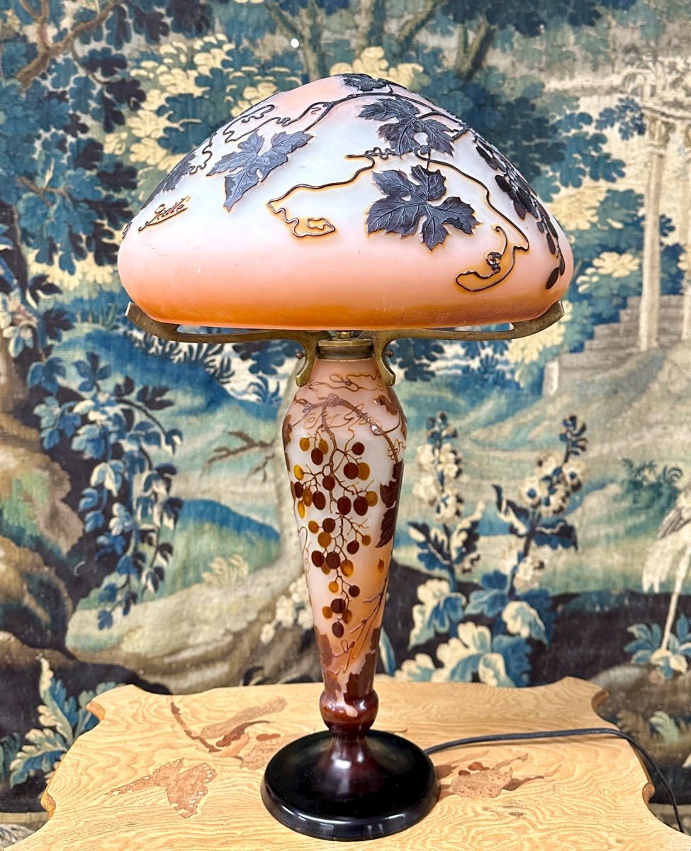 émile Gallé - Grande Lampe Champignon à Décor De Raisins Et Vignes, Pâte De Verre Art Nouveau-photo-5