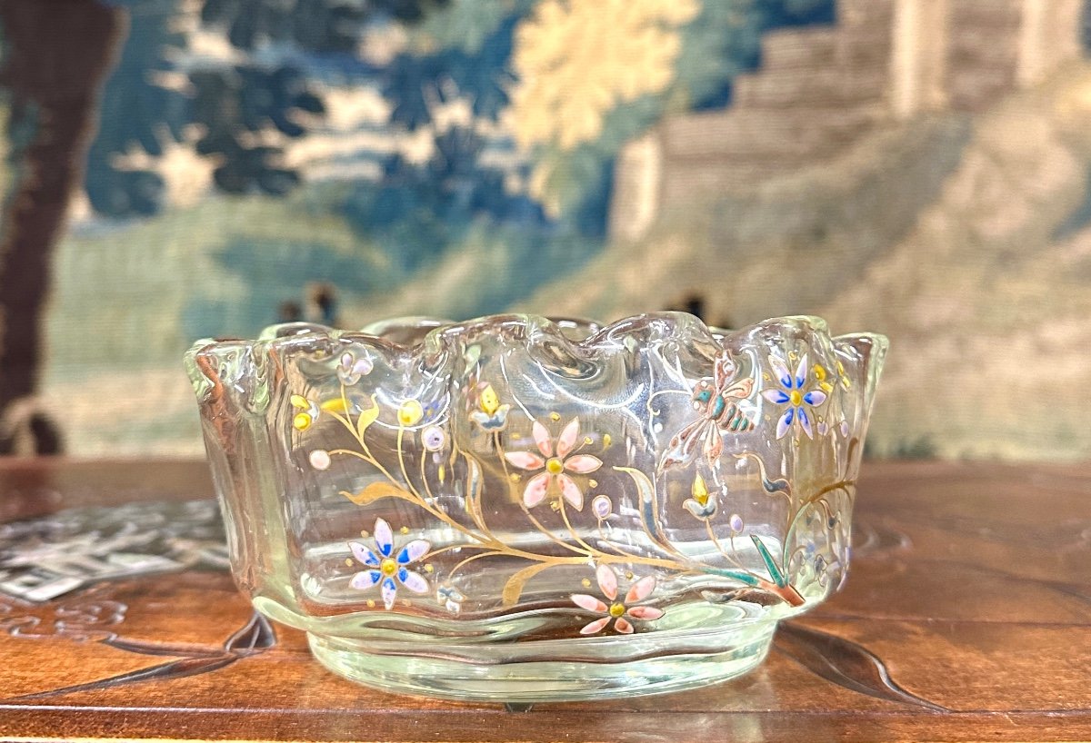 émile Gallé Cristallerie, Polylobed Cup In Enameled Glass With Dragonfly Decor, Art Nouveau-photo-4