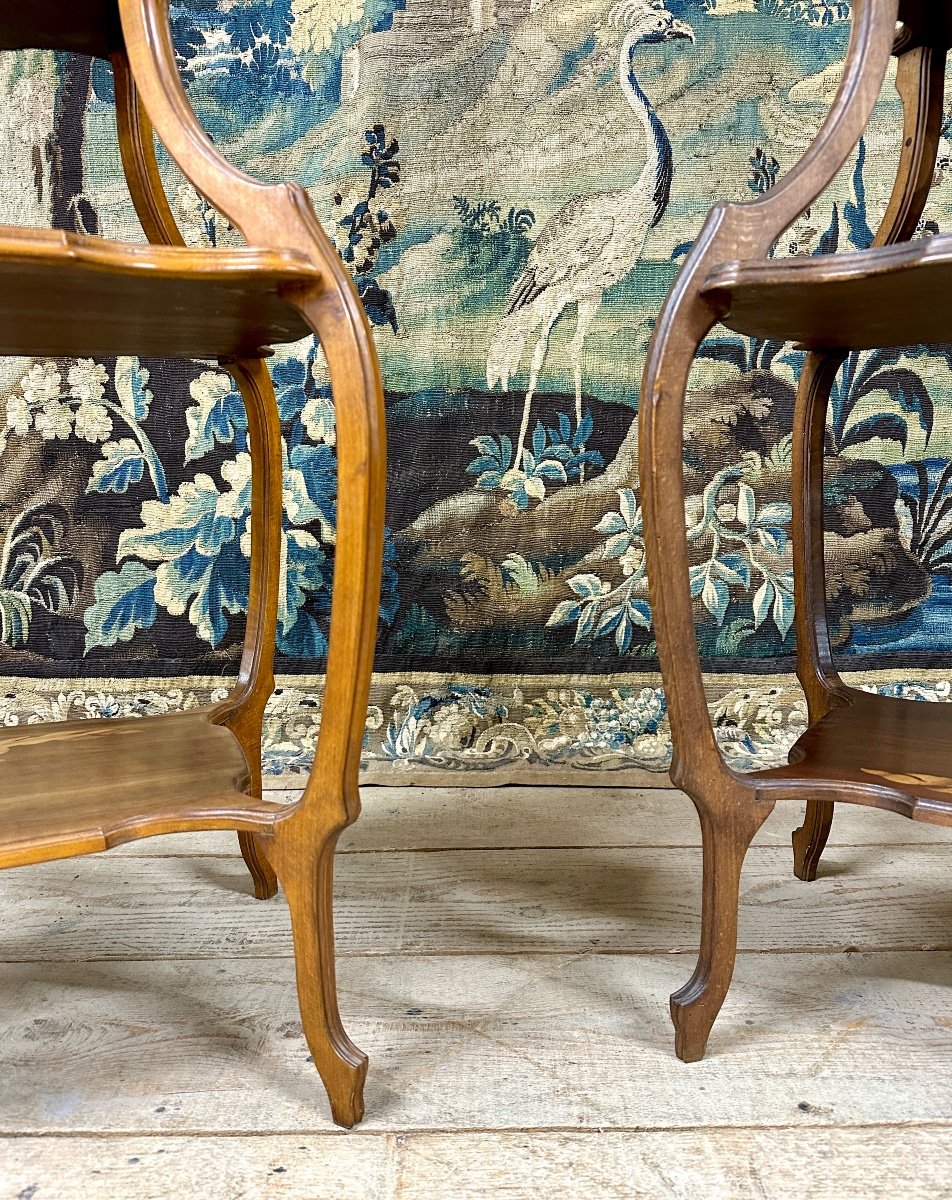 émile Gallé - Pair Of Marquetry Tea Tables, 3 Trays, Art Nouveau Period, Circa 1900-photo-7