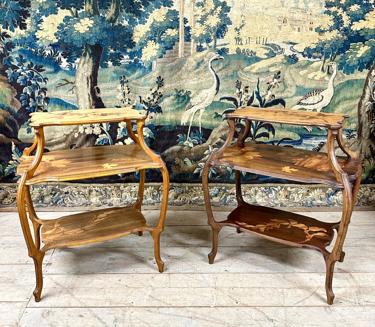 émile Gallé - Pair Of Marquetry Tea Tables, 3 Trays, Art Nouveau Period, Circa 1900-photo-8