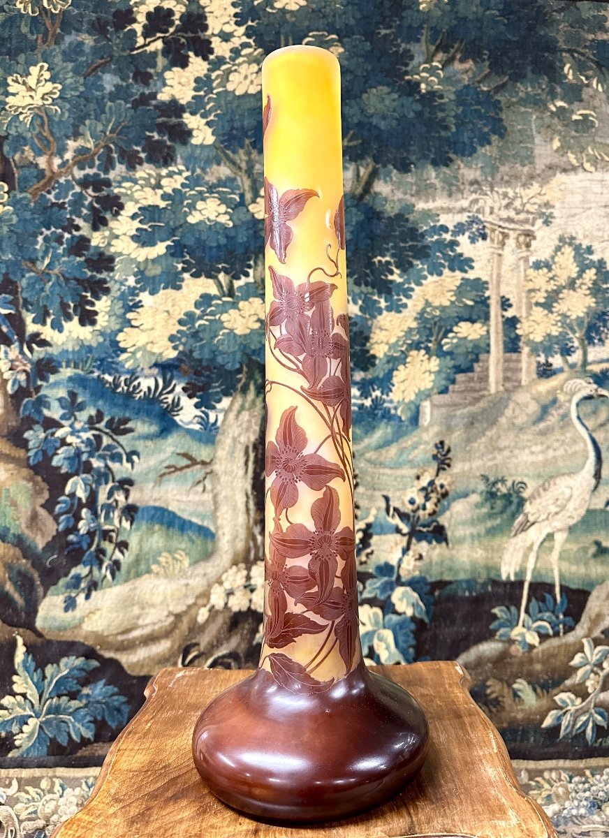 émile Gallé - Large Tube Vase Called “elephant Foot” With Clematis, Art Nouveau Glass Paste