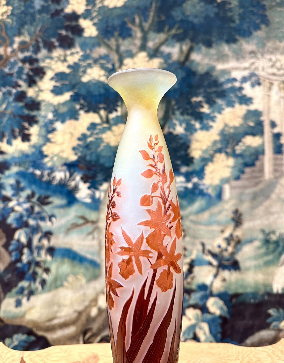 émile Gallé - Large Vase With Orange And Red Crocosmia, Art Nouveau Glass Paste-photo-2