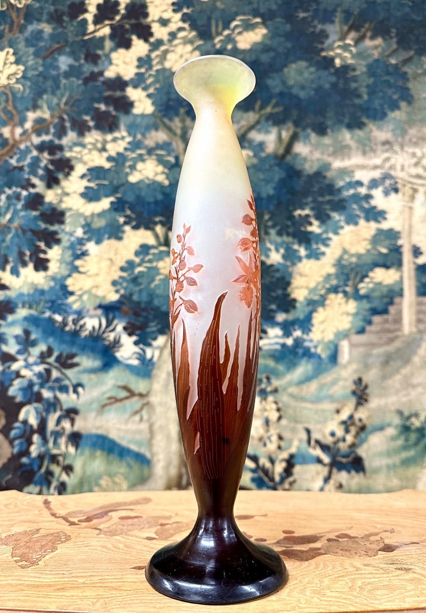 émile Gallé - Large Vase With Orange And Red Crocosmia, Art Nouveau Glass Paste-photo-4