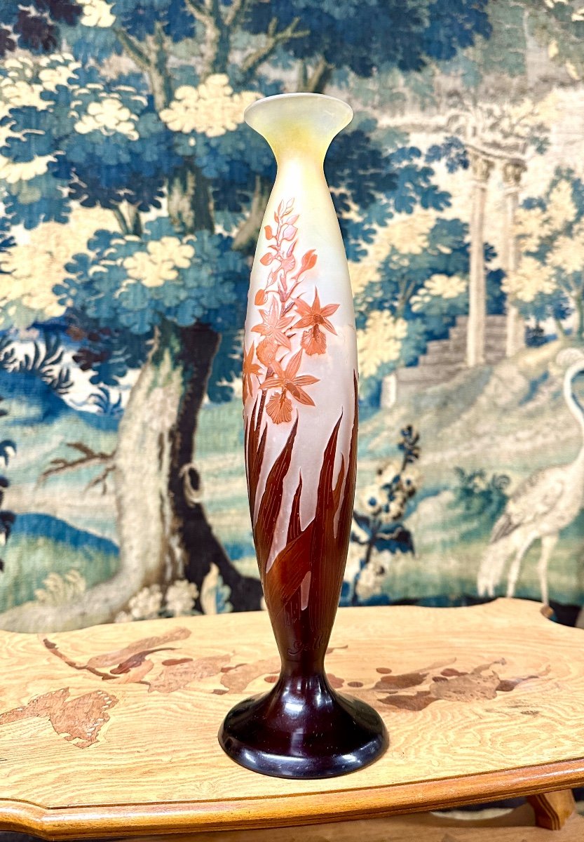 émile Gallé - Large Vase With Orange And Red Crocosmia, Art Nouveau Glass Paste-photo-3