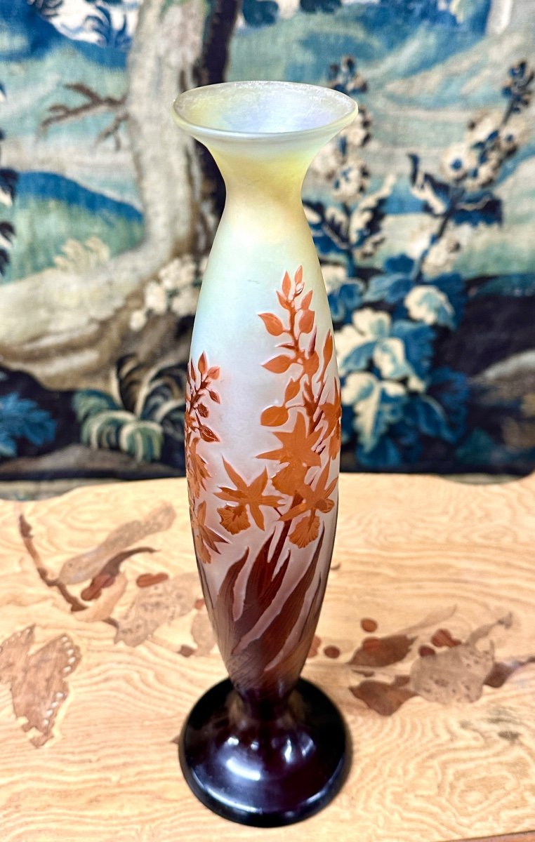 émile Gallé - Large Vase With Orange And Red Crocosmia, Art Nouveau Glass Paste-photo-4