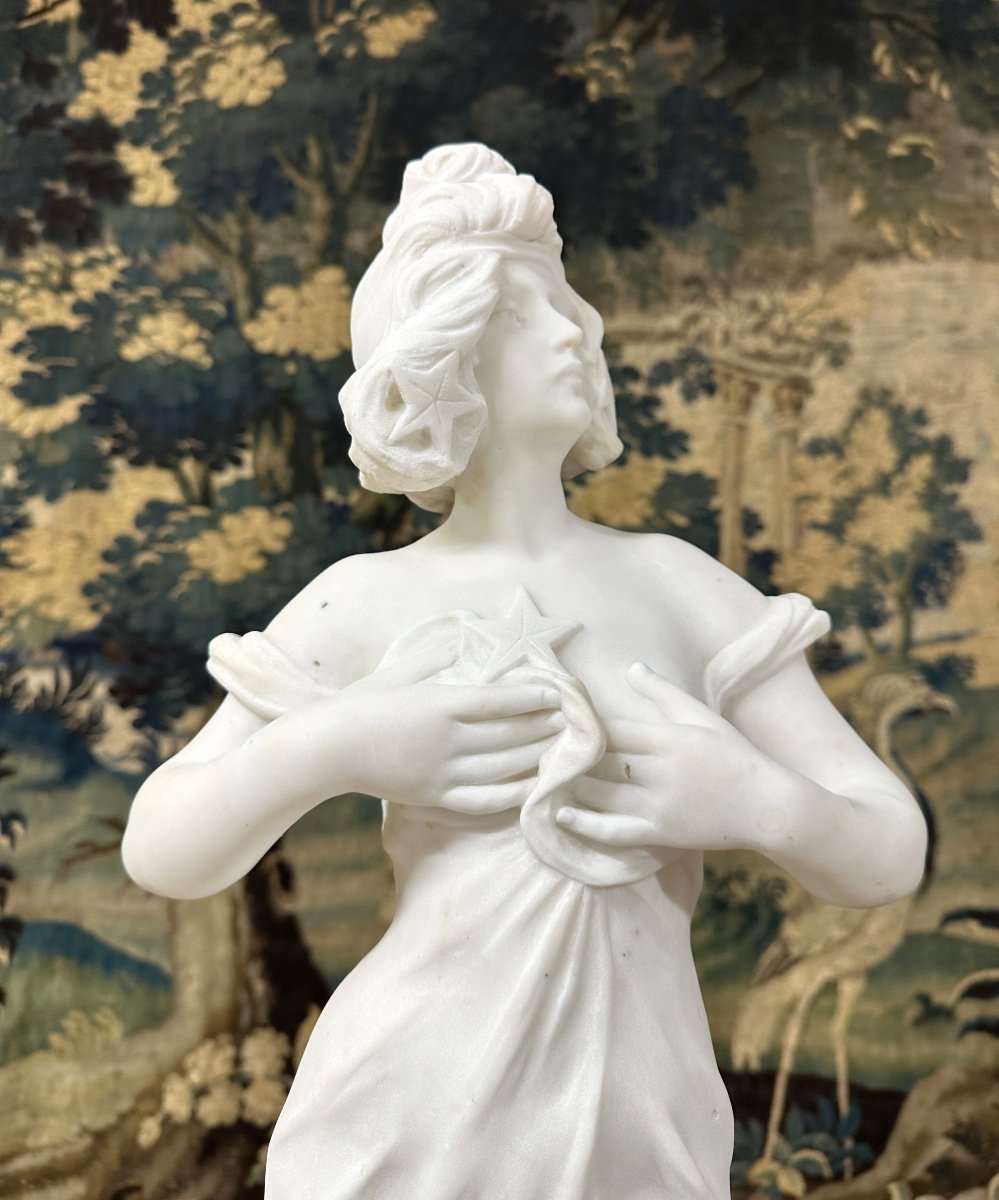 Sculpture De Femme En Marbre Blanc Intitulée « l’étoile Du Matin », époque Art Nouveau-photo-4