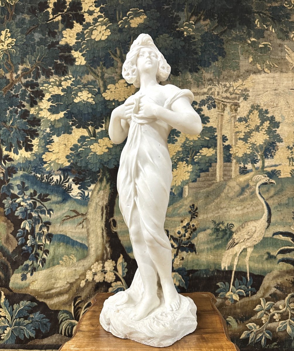 Sculpture De Femme En Marbre Blanc Intitulée « l’étoile Du Matin », époque Art Nouveau