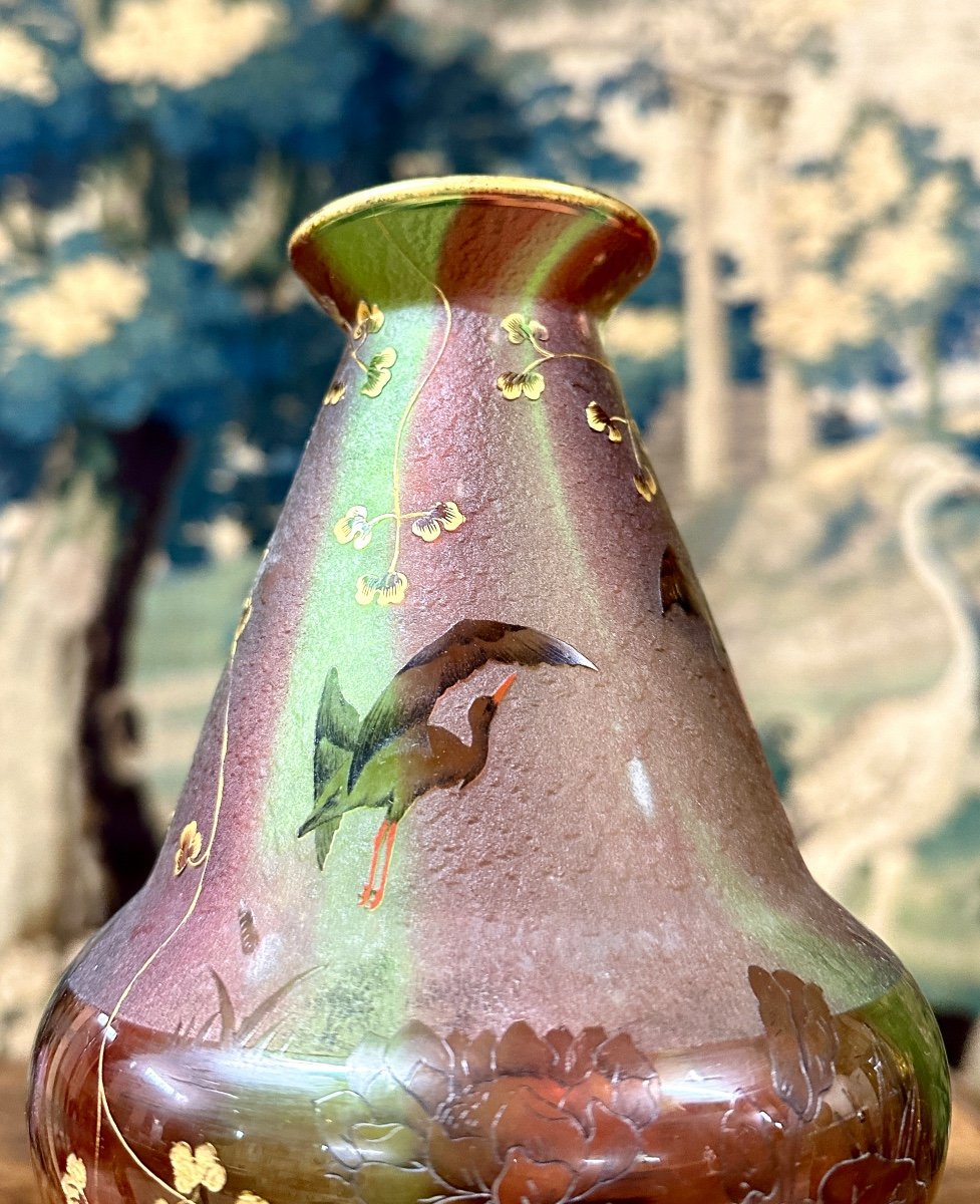 Daum Nancy - Rare Vase With Herons Or Cranes, Reeds And Water Lilies, Art Nouveau Glass Paste-photo-3