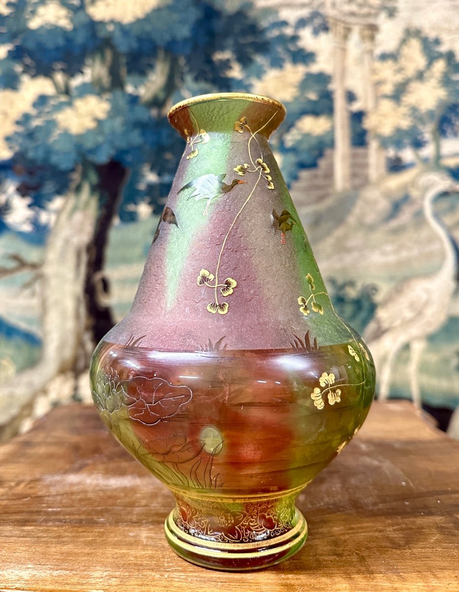 Daum Nancy - Rare Vase With Herons Or Cranes, Reeds And Water Lilies, Art Nouveau Glass Paste-photo-2