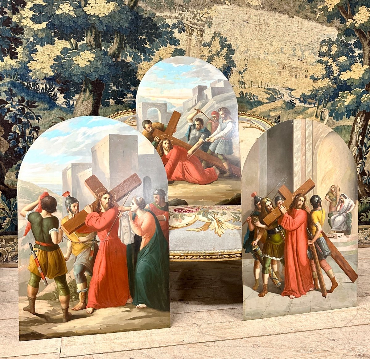 Suite De Trois Huile Sur Cuivre, Tableaux Religieux Représentant Jesus Christ. XIXème Siecle -photo-2