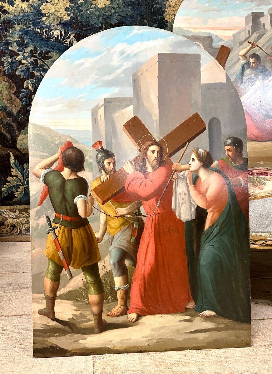 Suite De Trois Huile Sur Cuivre, Tableaux Religieux Représentant Jesus Christ. XIXème Siecle -photo-3