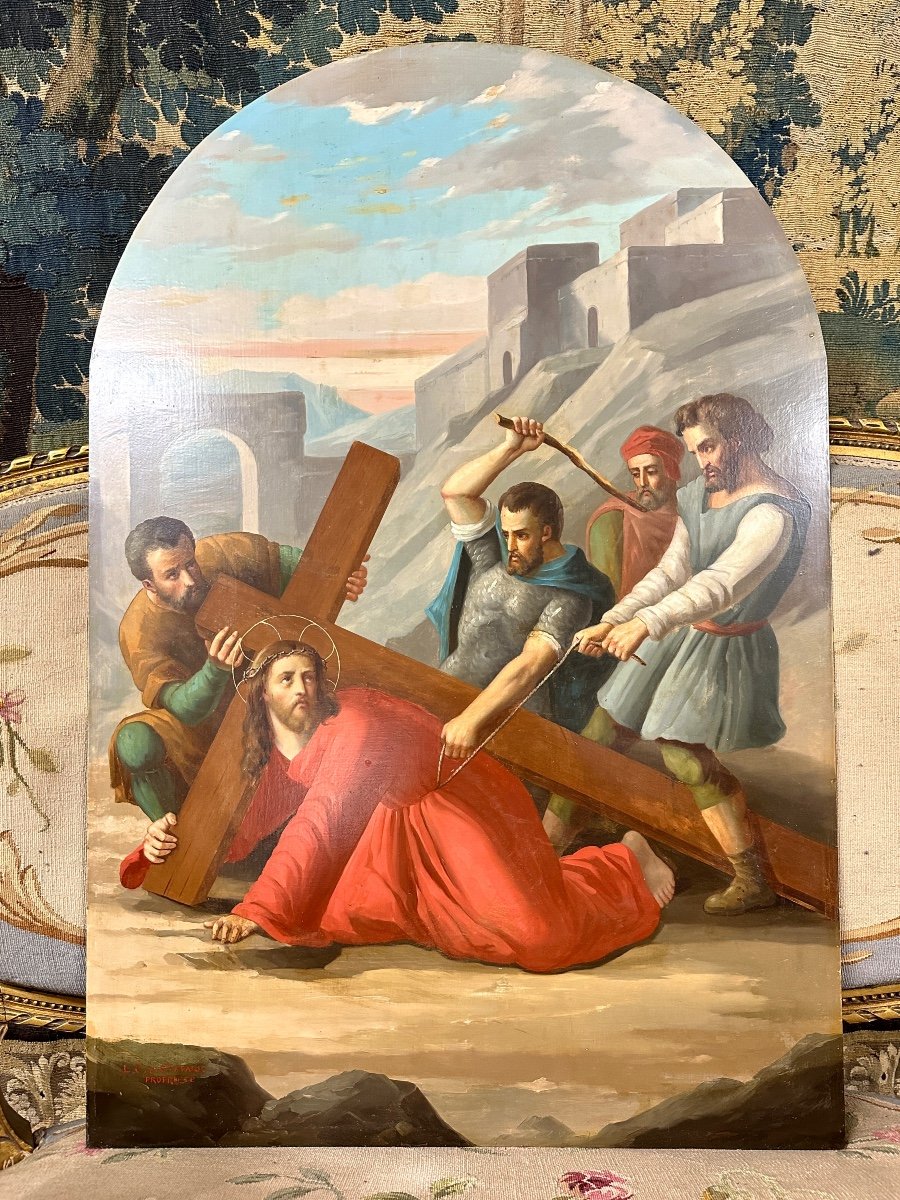 Suite De Trois Huile Sur Cuivre, Tableaux Religieux Représentant Jesus Christ. XIXème Siecle -photo-4