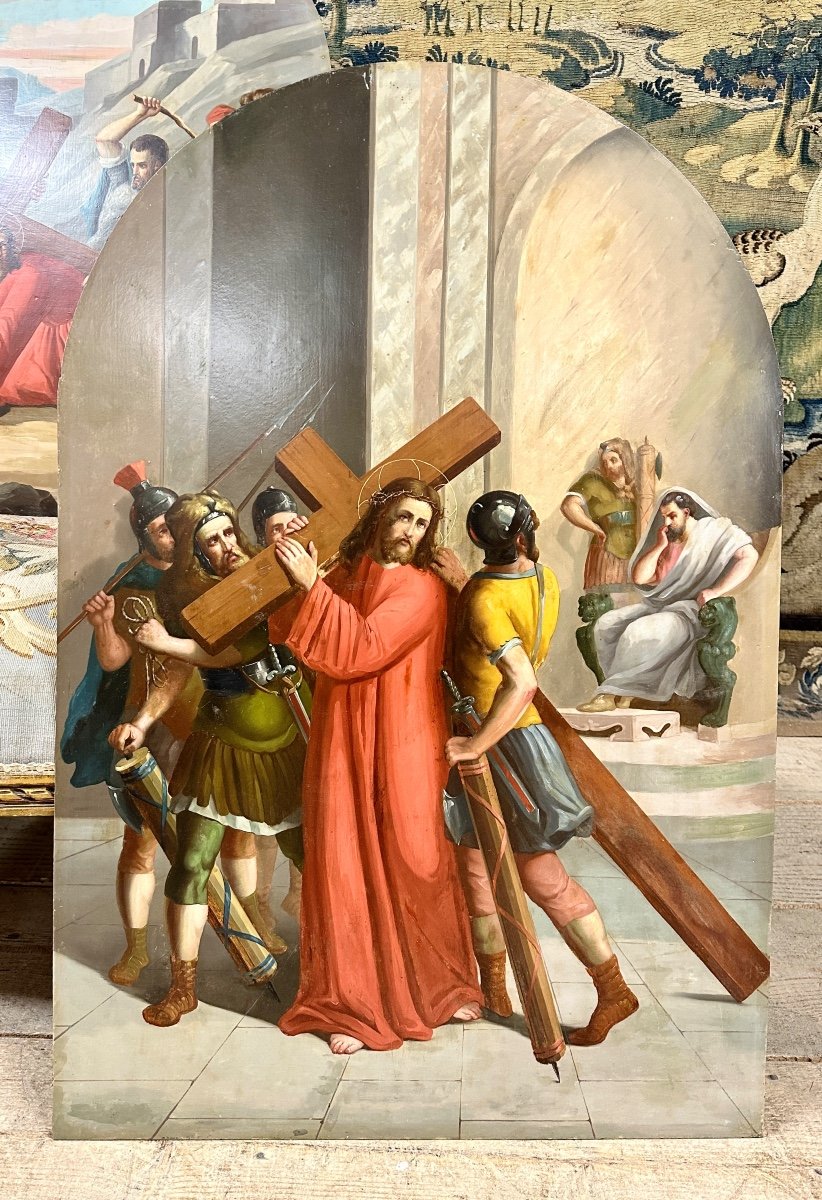 Suite De Trois Huile Sur Cuivre, Tableaux Religieux Représentant Jesus Christ. XIXème Siecle -photo-1