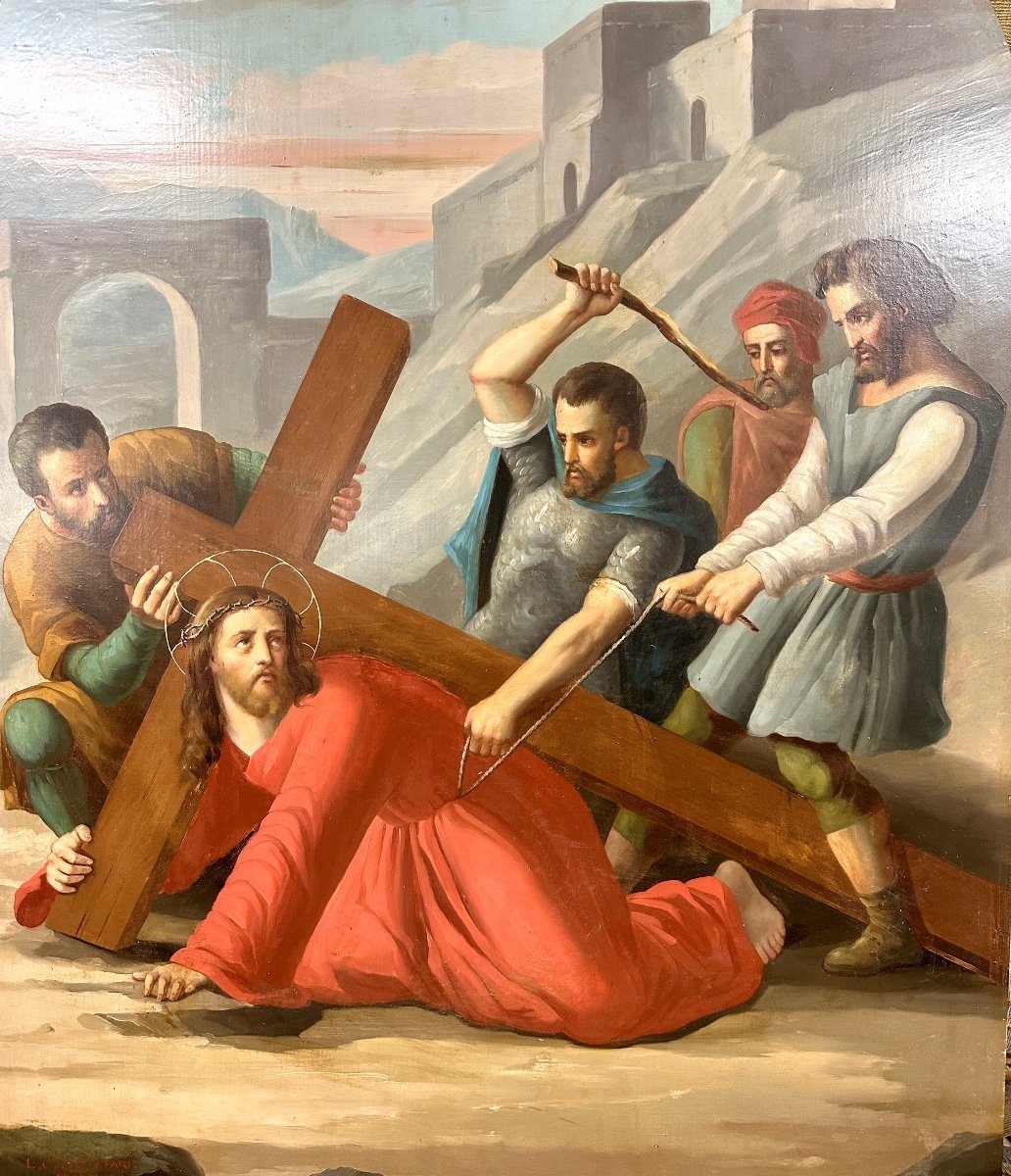 Suite De Trois Huile Sur Cuivre, Tableaux Religieux Représentant Jesus Christ. XIXème Siecle -photo-3