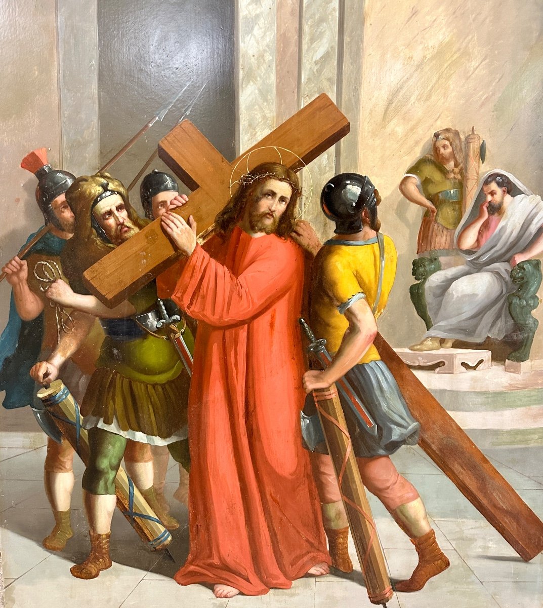 Suite De Trois Huile Sur Cuivre, Tableaux Religieux Représentant Jesus Christ. XIXème Siecle -photo-4