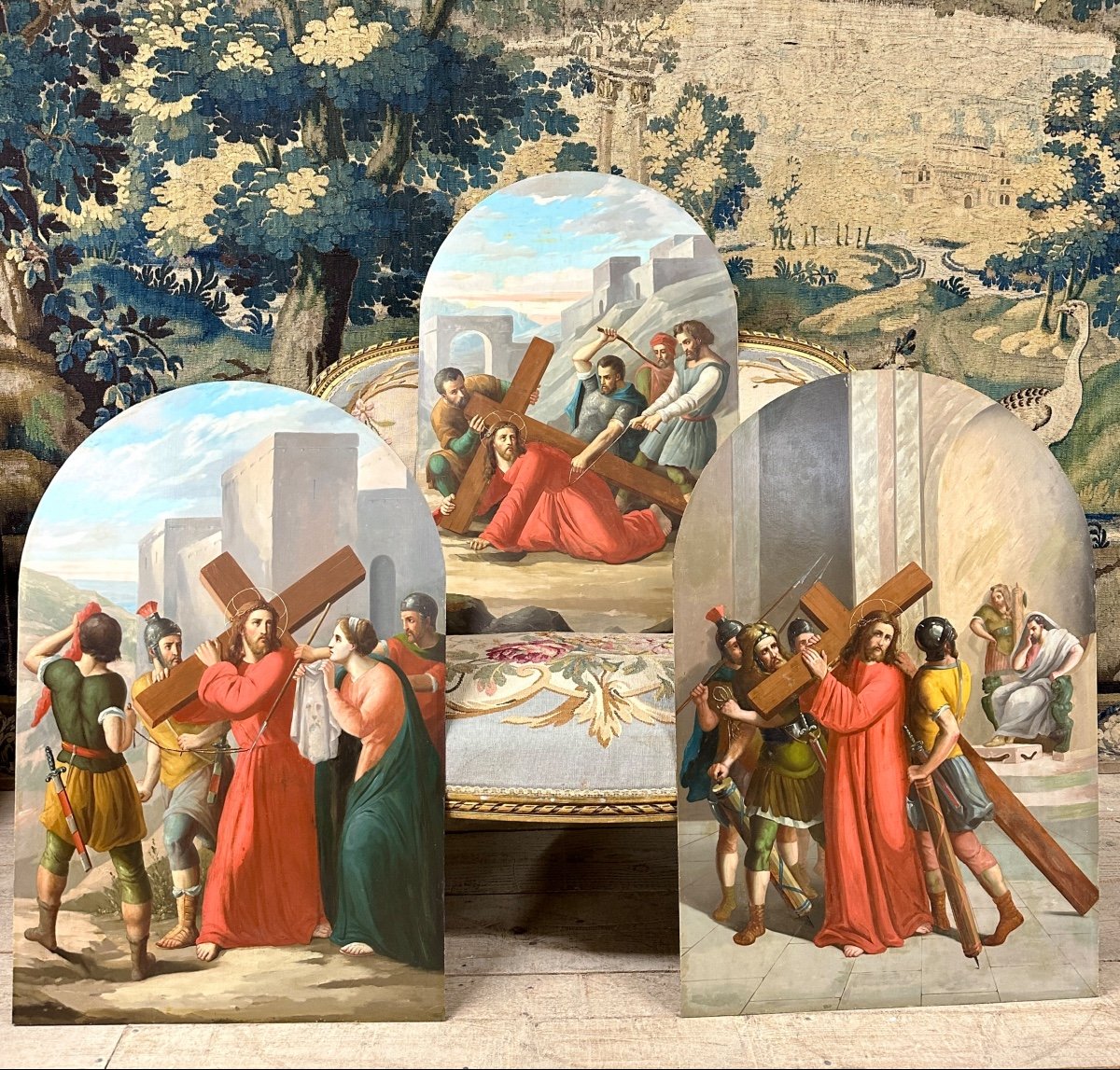 Suite De Trois Huile Sur Cuivre, Tableaux Religieux Représentant Jesus Christ. XIXème Siecle 