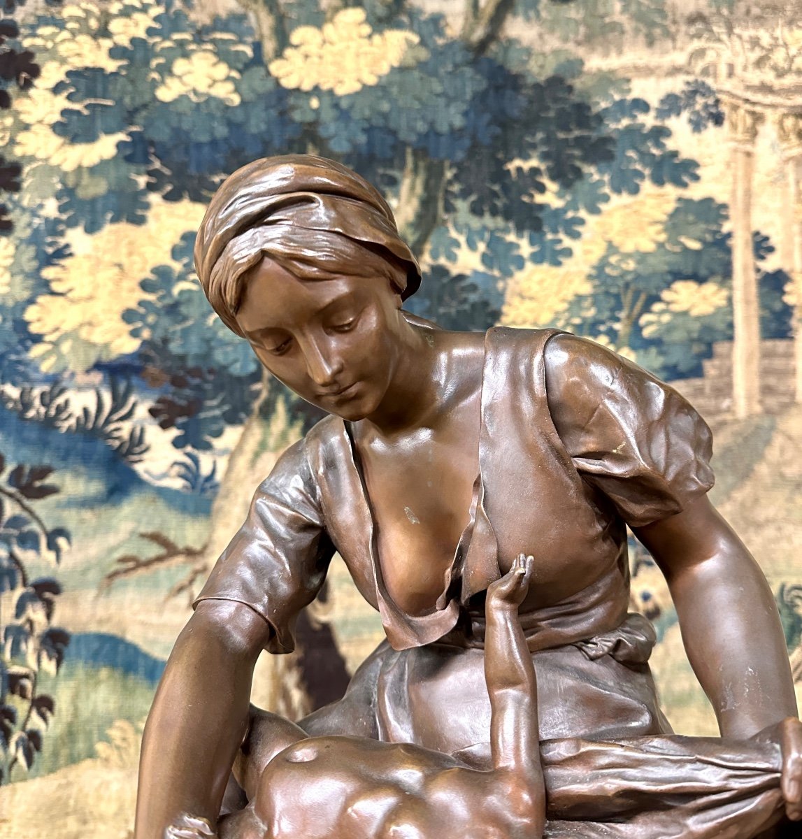 Pierre Louis Detrier - Woman With Child, Bronze With Brown Patina, 19th Century Cast Iron, Salon Of 1881-photo-2