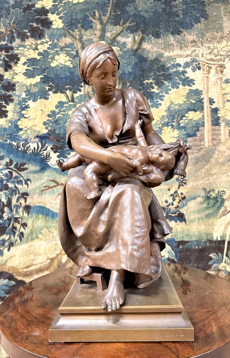 Pierre Louis Detrier - Woman With Child, Bronze With Brown Patina, 19th Century Cast Iron, Salon Of 1881-photo-3