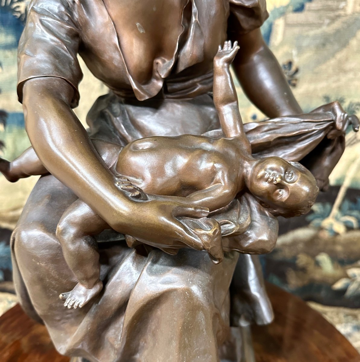 Pierre Louis Detrier - Woman With Child, Bronze With Brown Patina, 19th Century Cast Iron, Salon Of 1881-photo-2