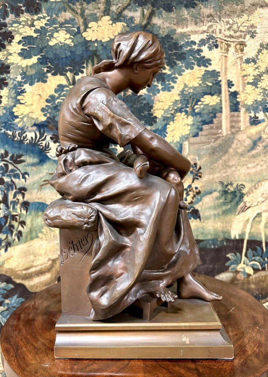 Pierre Louis Detrier - Woman With Child, Bronze With Brown Patina, 19th Century Cast Iron, Salon Of 1881-photo-4