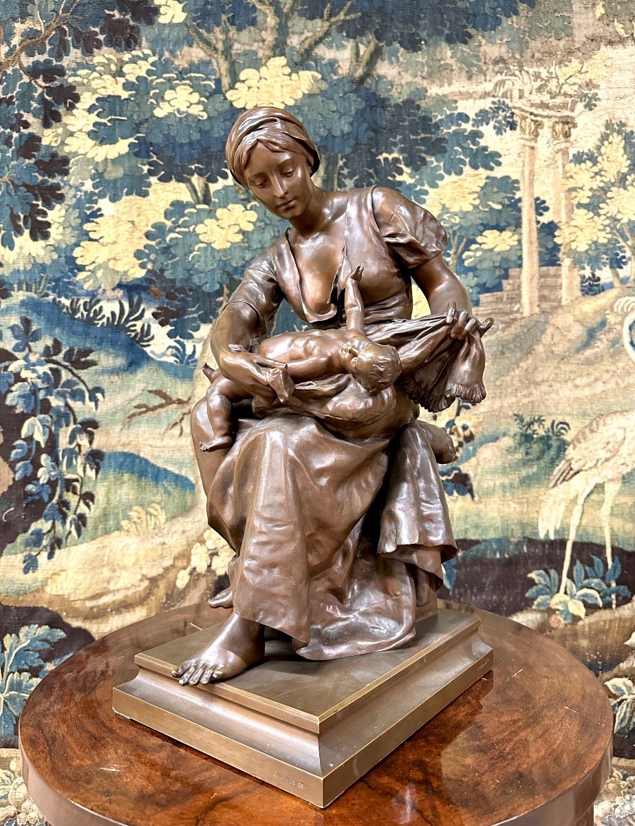 Pierre Louis Detrier - Woman With Child, Bronze With Brown Patina, 19th Century Cast Iron, Salon Of 1881